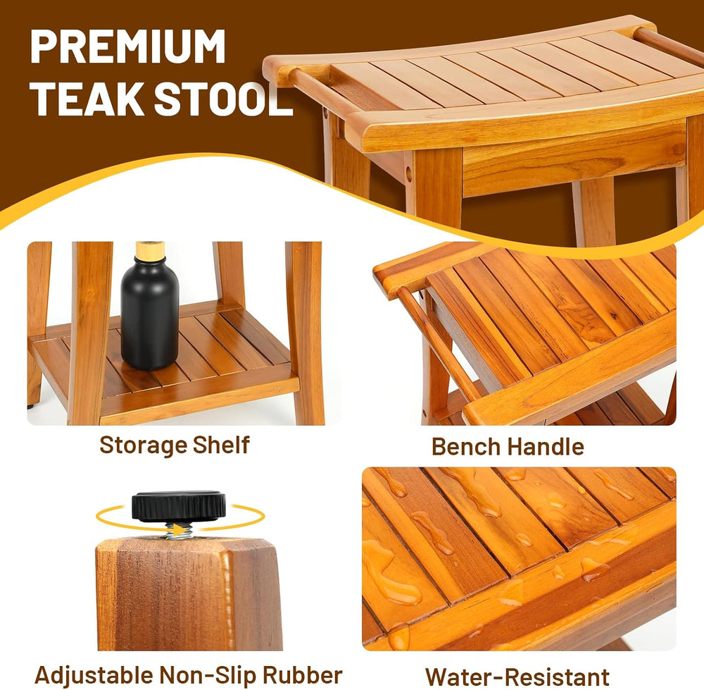 16" Compact Teak Shower Bench with Shelf & Handle, Solid Premium Tea...
