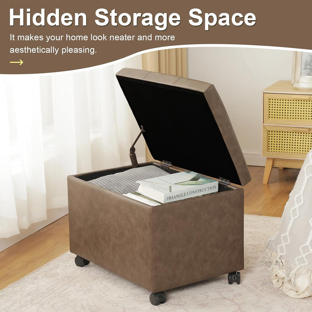 Asense 24-inch Rolling Storage Ottoman Bench, Upholstered Faux Leather Footre...