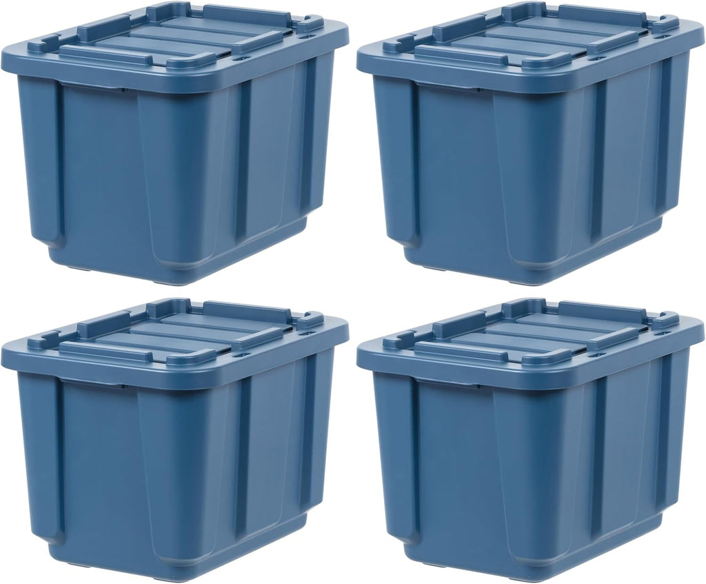 IRIS USA 12 Gallon Eco-Friendly Heavy Duty Truck Bed Toolbox Storage Tote Bins with Lids, 4 Pack - Made in USA, Tough Snap On Lockable Lid Stackable Industrial Rugged Tubs, Garage Organization - Navy