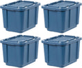 IRIS USA 12 Gallon Eco-Friendly Heavy Duty Truck Bed Toolbox Storage Tote Bins with Lids, 4 Pack - Made in USA, Tough Snap On Lockable Lid Stackable Industrial Rugged Tubs, Garage Organization - Navy
