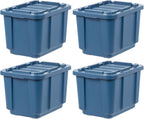 IRIS USA 12 Gallon Eco-Friendly Heavy Duty Truck Bed Toolbox Storage Tote Bins with Lids, 4 Pack - Made in USA, Tough Snap On Lockable Lid Stackable Industrial Rugged Tubs, Garage Organization - Navy