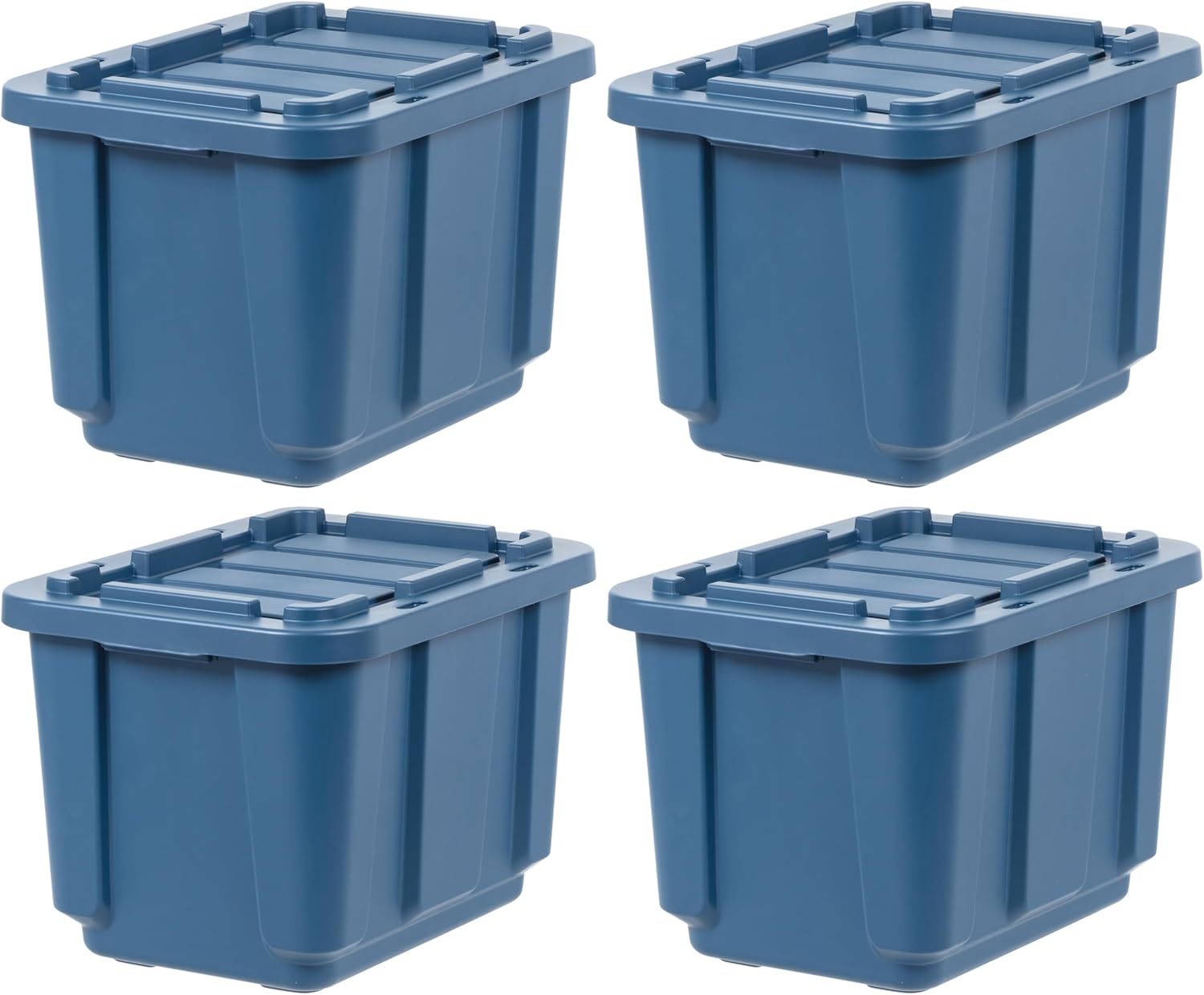 IRIS USA 12 Gallon Eco-Friendly Heavy Duty Truck Bed Toolbox Storage Tote Bins with Lids, 4 Pack - Made in USA, Tough Snap On Lockable Lid Stackable Industrial Rugged Tubs, Garage Organization - Navy