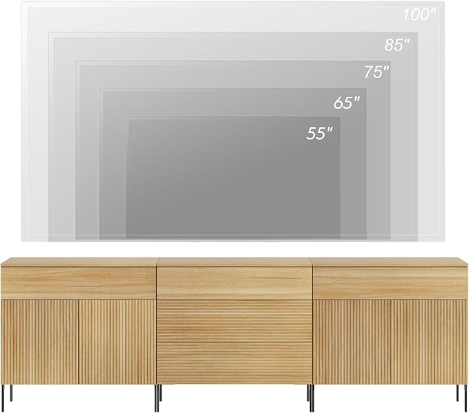 WAMPAT Fluted TV Stand for TVs up to 100", 3 in 1 Modern Entertainment Center with Storage Cabinets and 5 Drawers & 4 Doors, Wood Media TV Console Table with Storage for Living Room, Oak