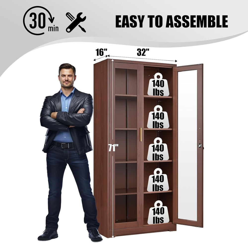71" Display Cabinet, Metal Kitchen Storage Cabinet, Curio Display Case w...