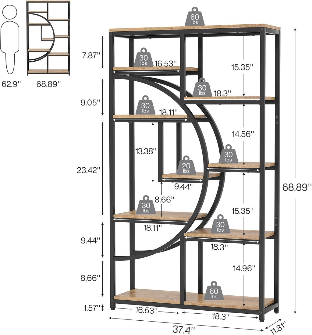 Tribesigns Industrial Bookshelf Bookcase with 9 Open Shelf (Light Oak) | 5-Tier Freestanding Tall Bookshelves, Etagere Display Shelf Storage Organizer, Perfect for Living Room, Bedroom