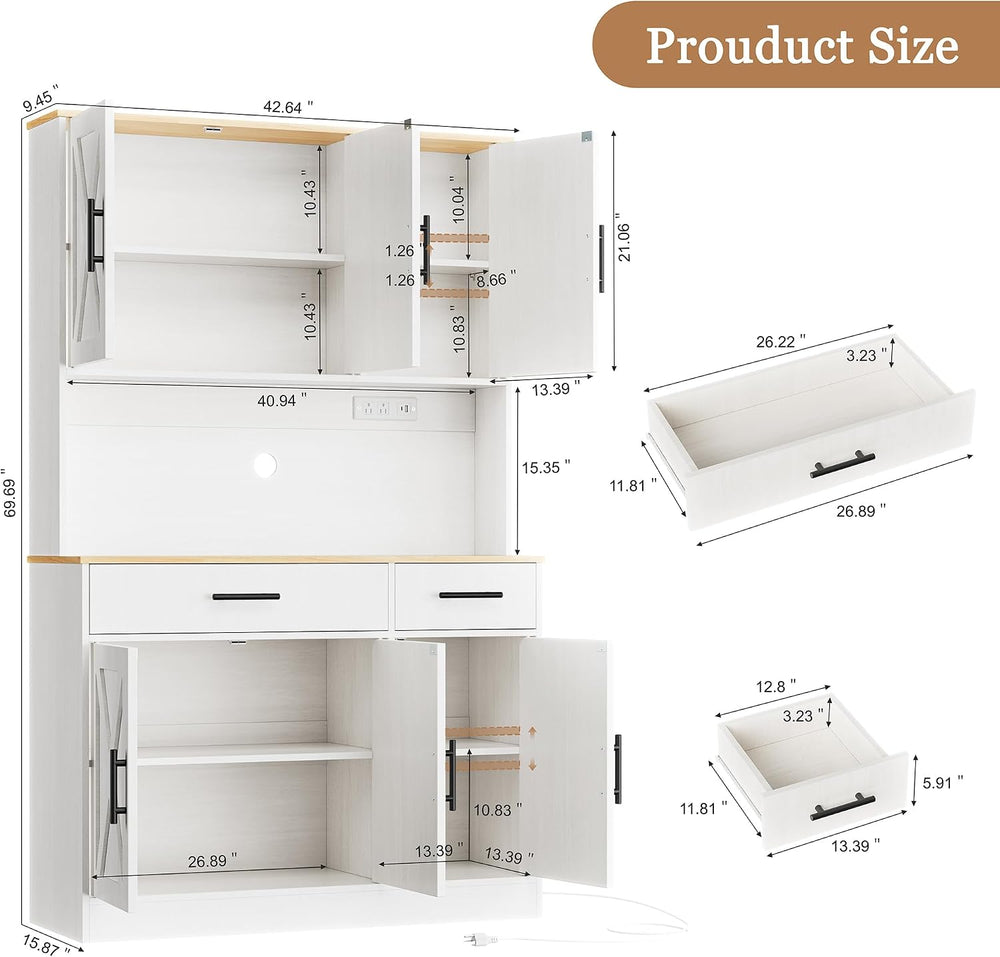Shintenchi Pantry Cabinet with Charging Station, 70” Tall Kitchen Storage Cab...