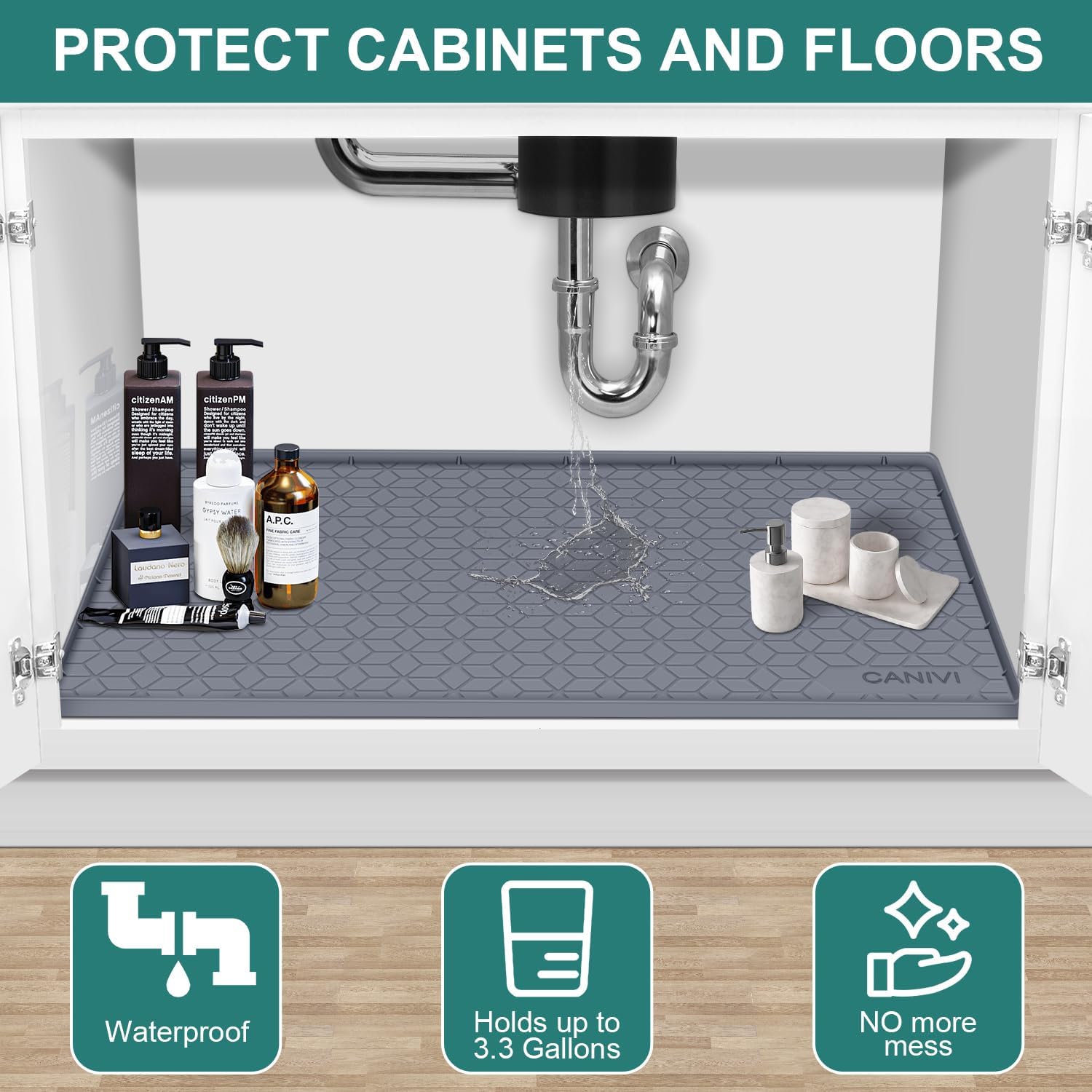 Under Sink Mat, 28" x 22" Waterproof Silicone Under Sink Tray for Kitchen & Laundry Cabinets, Kitchen Cabinet Shelf Protector, Up to 3 Gallons Liquid, Fits 36 inch Standard Cabinet (Blue Grey)