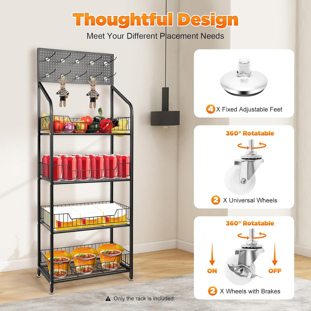 4 Tiers Baskets Adjustable Rolling Display Snack Rack, Snack Storage Organize...