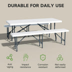 6FT Folding Table Set with 2 Folding Benches, Locking Safety Design, Heavy Duty HDPE Materials, 3-Piece Portable Folding Furniture for Camping, Picnic, Party, Indoor & Outdoor,White