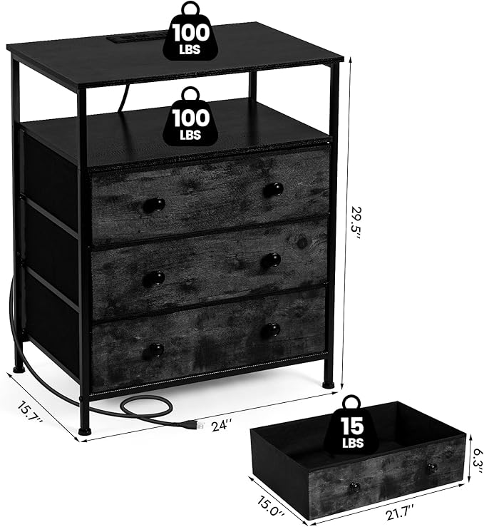 3 Drawers Dresser with Charging Station, 24 Inch Wide LED Night Stand with Ad...