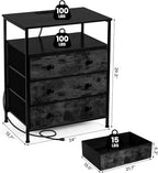 3 Drawers Dresser with Charging Station, 24 Inch Wide LED Night Stand with Adjustable Fabric Drawer, Nightstand with Storage Shelf for Living Room/Bedroom/Office, Black.