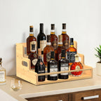 Bamboo Liquor Bottle Display Shelf, 3 Step Countertop Wine Rack, Bar Bottle Stand with Handles & Guardrail, Retro Mini Display Rack for Syrup, Wine, Dressing, Home Kitchen Cafe, Natural