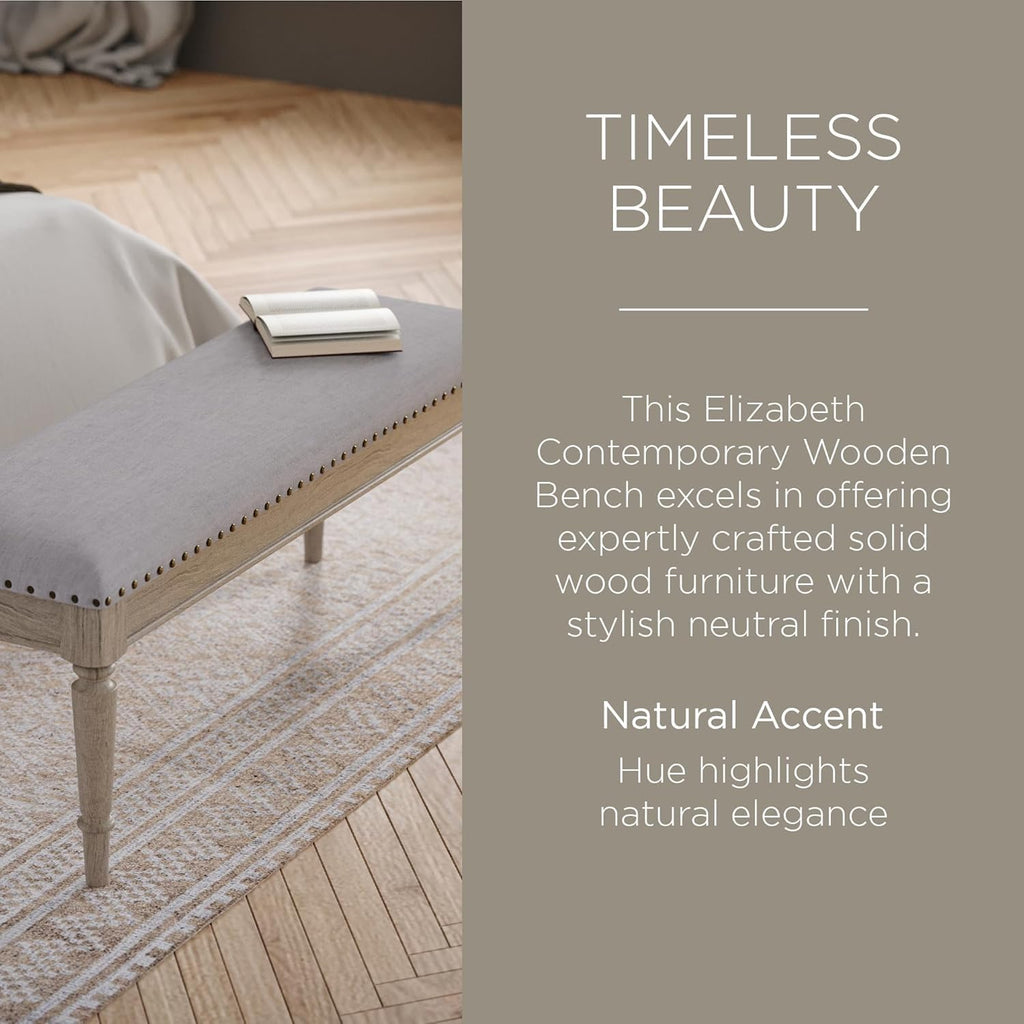 Maven Lane Elizabeth Traditional Wooden Upholstered Bench, Padded Seat for Kitchen Dining Room Table or Entryway in Antiqued Grey Finish