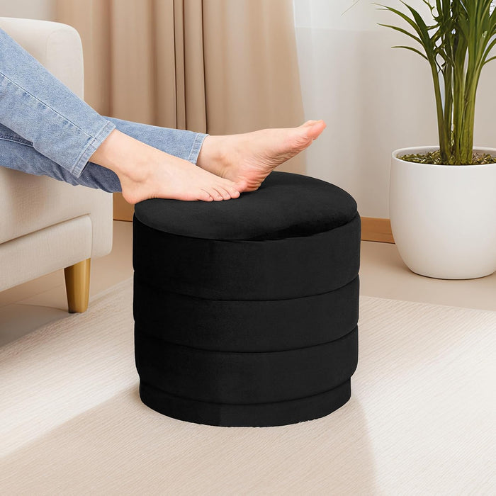 15" Round Velvet Storage Ottoman with Tray | Upholstered Folding Foot Rest Vanity Stool, Multifunctional Coffee Table for Living Room Bedroom Dorm