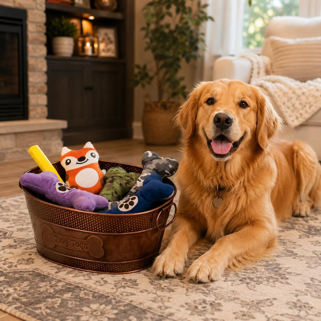 BREKX Copper Metal Pet Storage & Dog Toy Bin w/ Handles, Indestructible | Dog Toy Box • Galvanized Steel • Organizes Toys, Blankets & Leashes • Farmhouse Style