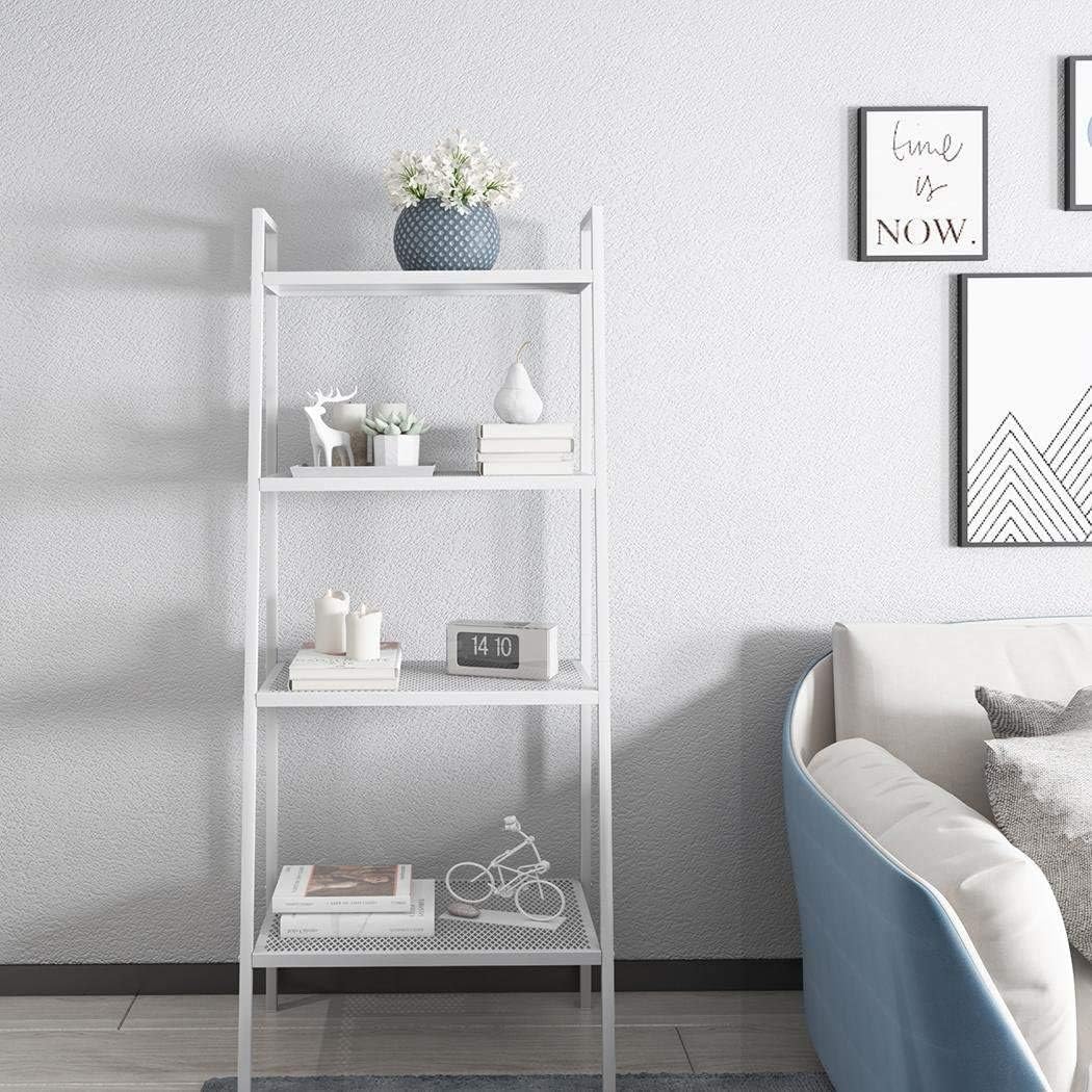4-Tier Metal Ladder Shelf, Multifunctional Ladder Bookshelf Plant Flower Stand Storage Rack Shelves Bookcase with Metal Mesh Layers for Home Living Room Office (White)