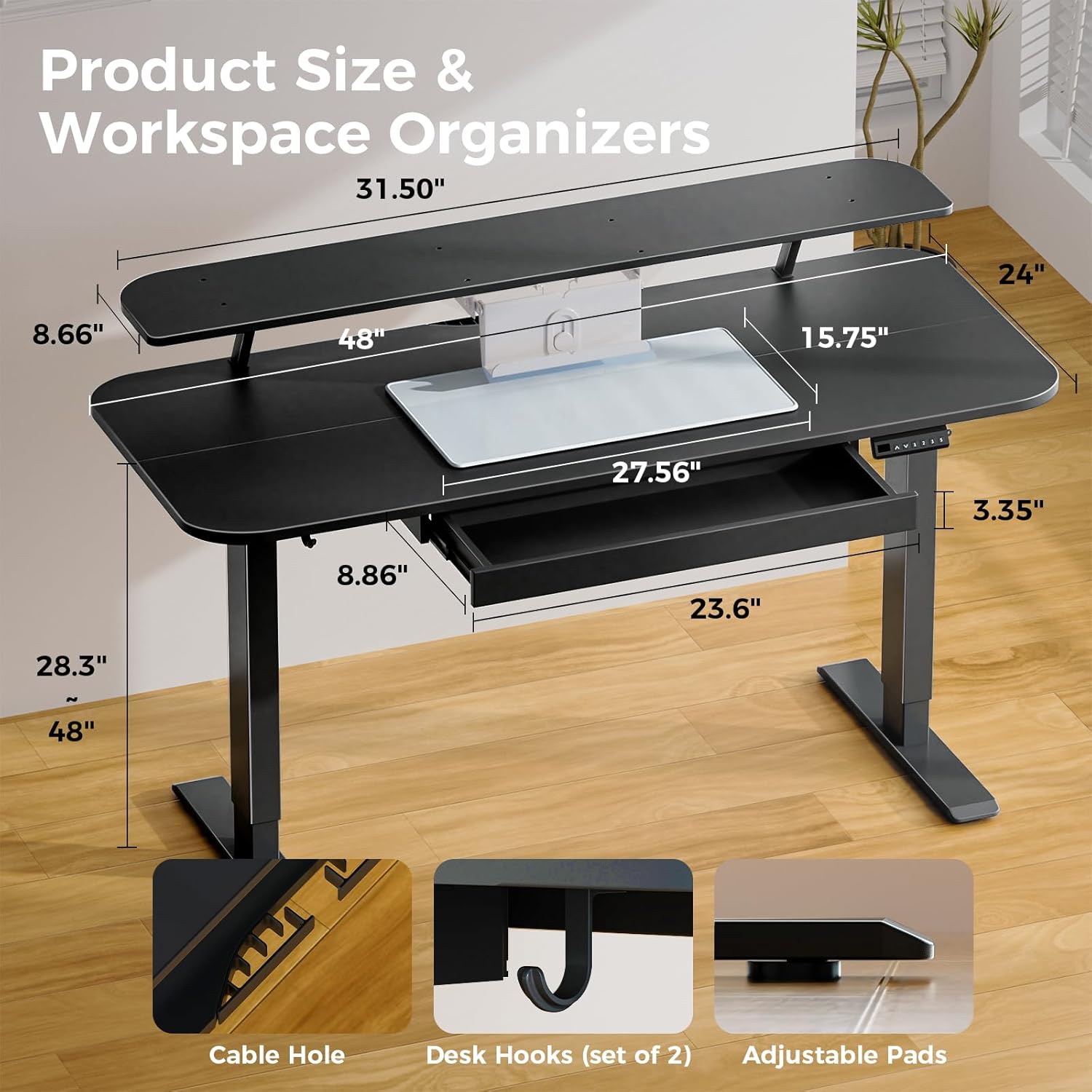 COMHOMA Electric Standing Desk with Drawers, 48 x 24'' Sit Stand up Desk with Monitor Stand, Laptop Stand, Height Adjustable Ergonomic Home Office Computer Desk with Memory Preset Controller (Black)