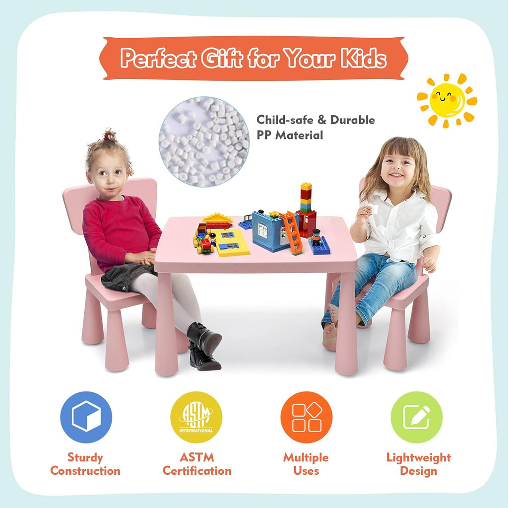 Toddler Table and Chair Set, Plastic Kid Activity Table & 2 Chairs, 3-Piece Children Playroom Furniture Set for Reading, Writing & Painting, Kids Table and Chair Set for Age 3-7 (Pink)