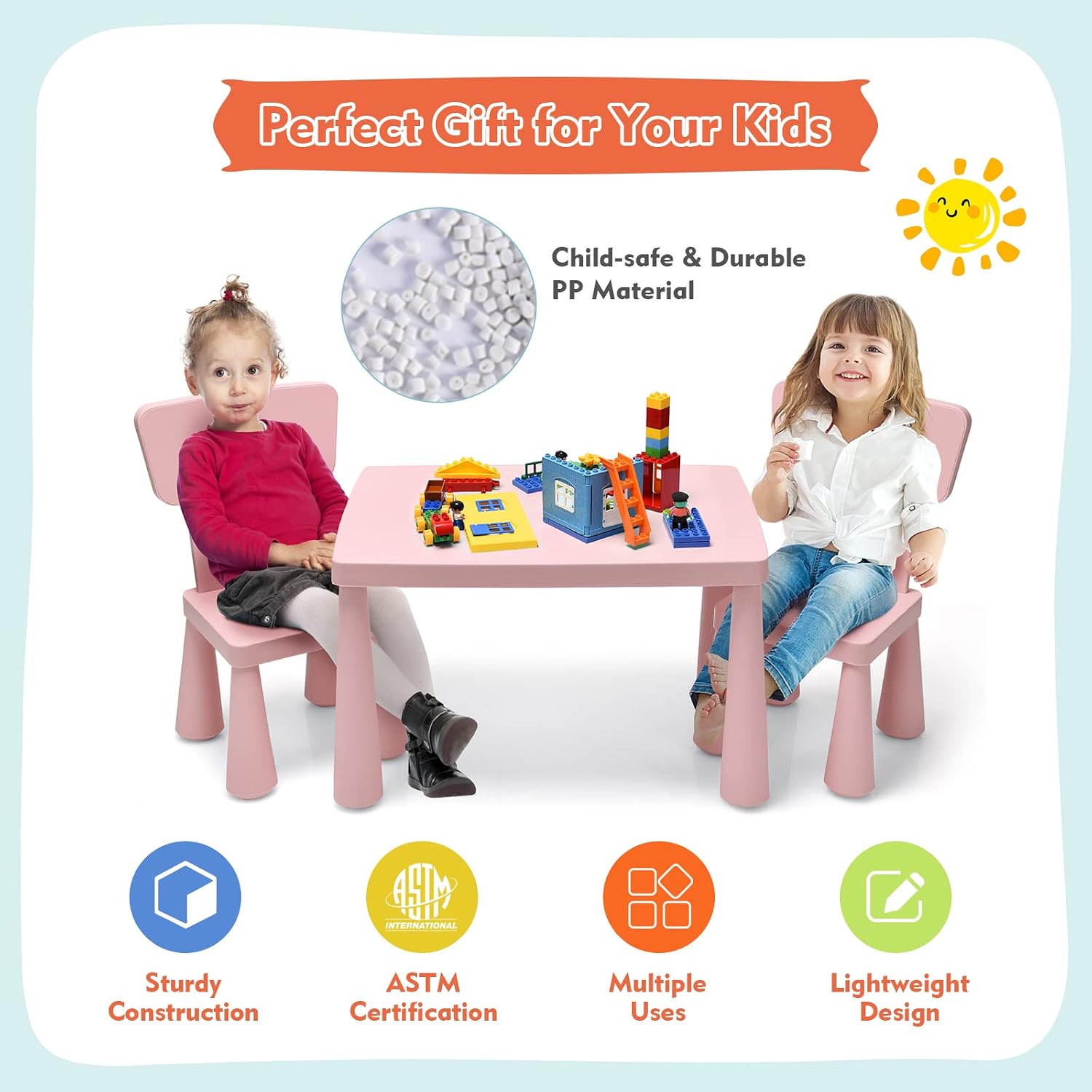 Toddler Table and Chair Set, Plastic Kid Activity Table & 2 Chairs, 3-Piece Children Playroom Furniture Set for Reading, Writing & Painting, Kids Table and Chair Set for Age 3-7 (Pink)
