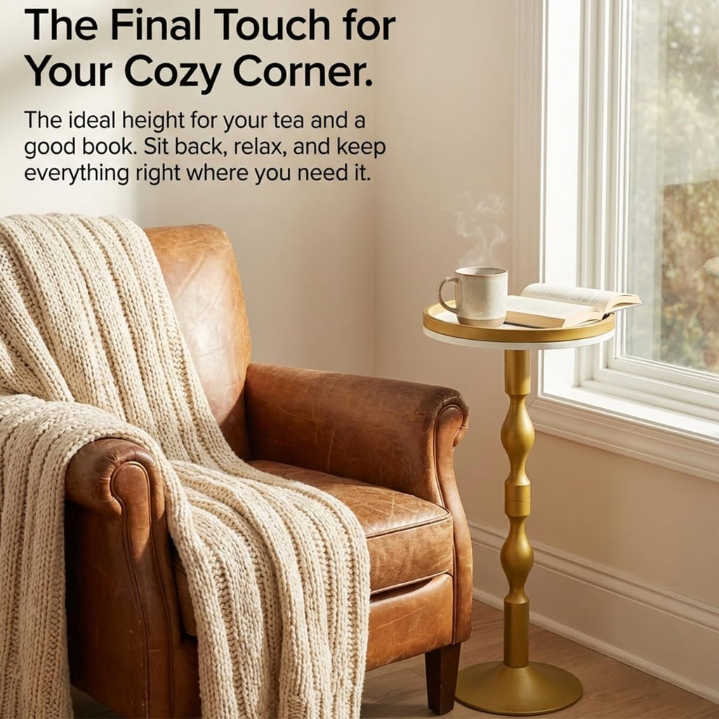 Small Round Gold Side Table,Drink Table with Weighted Base,Modern White & Gold Pedestal End Table with Tray Top Edge for Small Spaces, Living Room, Next to Sofa,27 "Tall