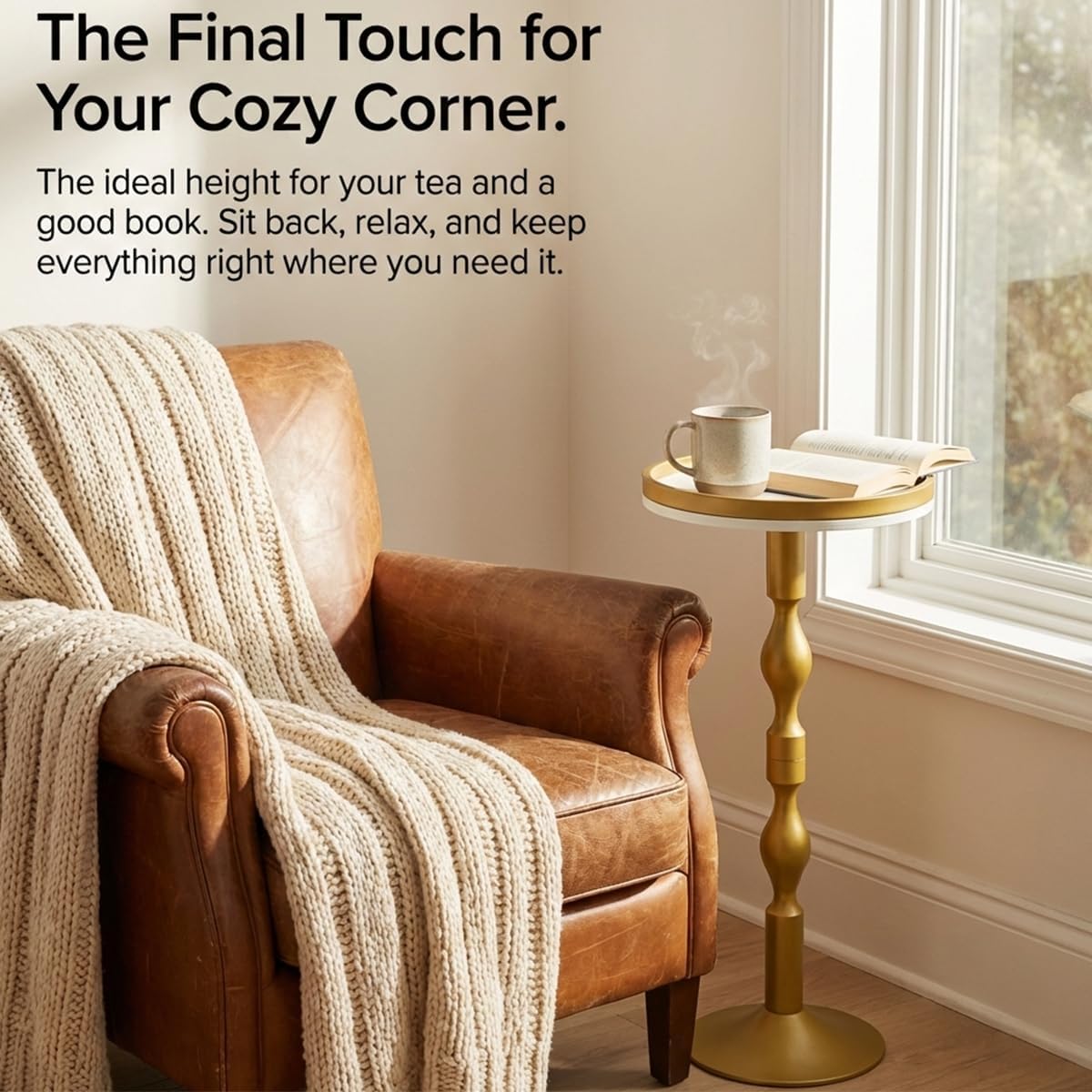 Small Round Gold Side Table,Drink Table with Weighted Base,Modern White & Gold Pedestal End Table with Tray Top Edge for Small Spaces, Living Room, Next to Sofa,27 "Tall