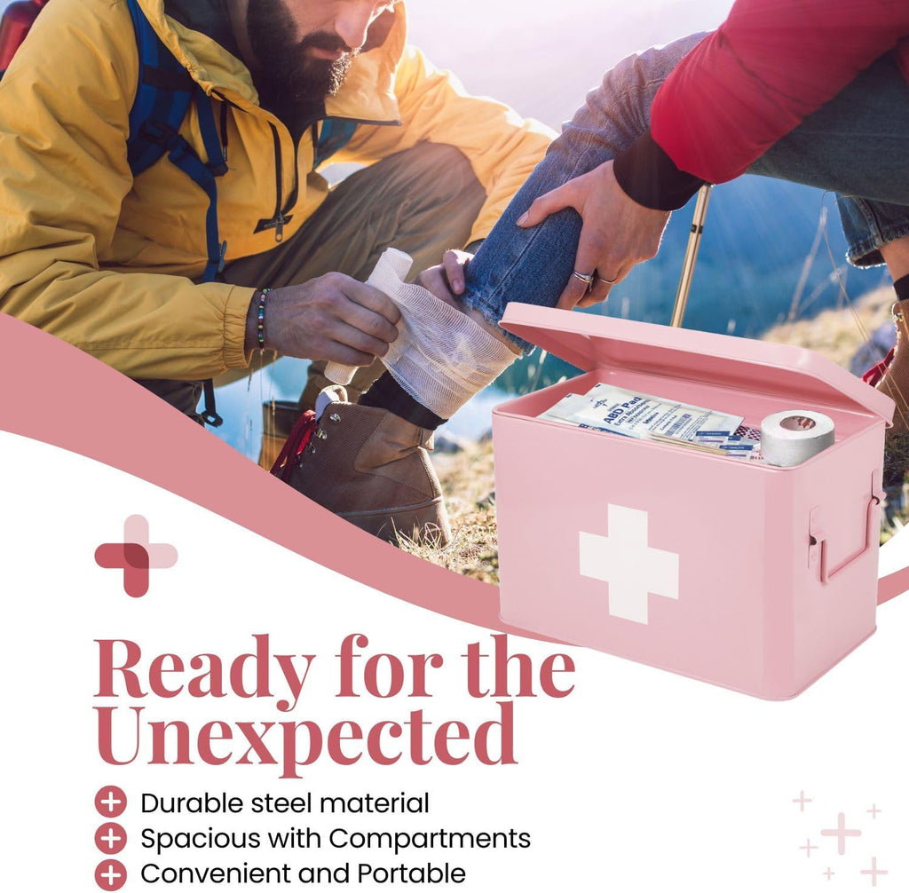 Flexzion First Aid Box Organizer Empty 13" Pink Vintage First Aid Kit Tin Metal Medical Box - First Aid Storage Box Container Bins with Dividers, Removable Tray and White Cross Logo
