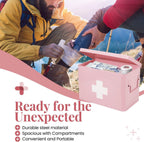 Flexzion First Aid Box Organizer Empty 13" Pink Vintage First Aid Kit Tin Metal Medical Box - First Aid Storage Box Container Bins with Dividers, Removable Tray and White Cross Logo