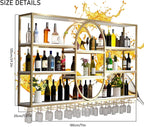 Large Wall Mount Wine Rack, Metal 4 Tier Large Capacity Hanging Bar Rack with Wine Glass Holder, Oval Wine Bottle Storage Display Rack for Kitchen, Living Room, Home (Gold, 180cm/71in)