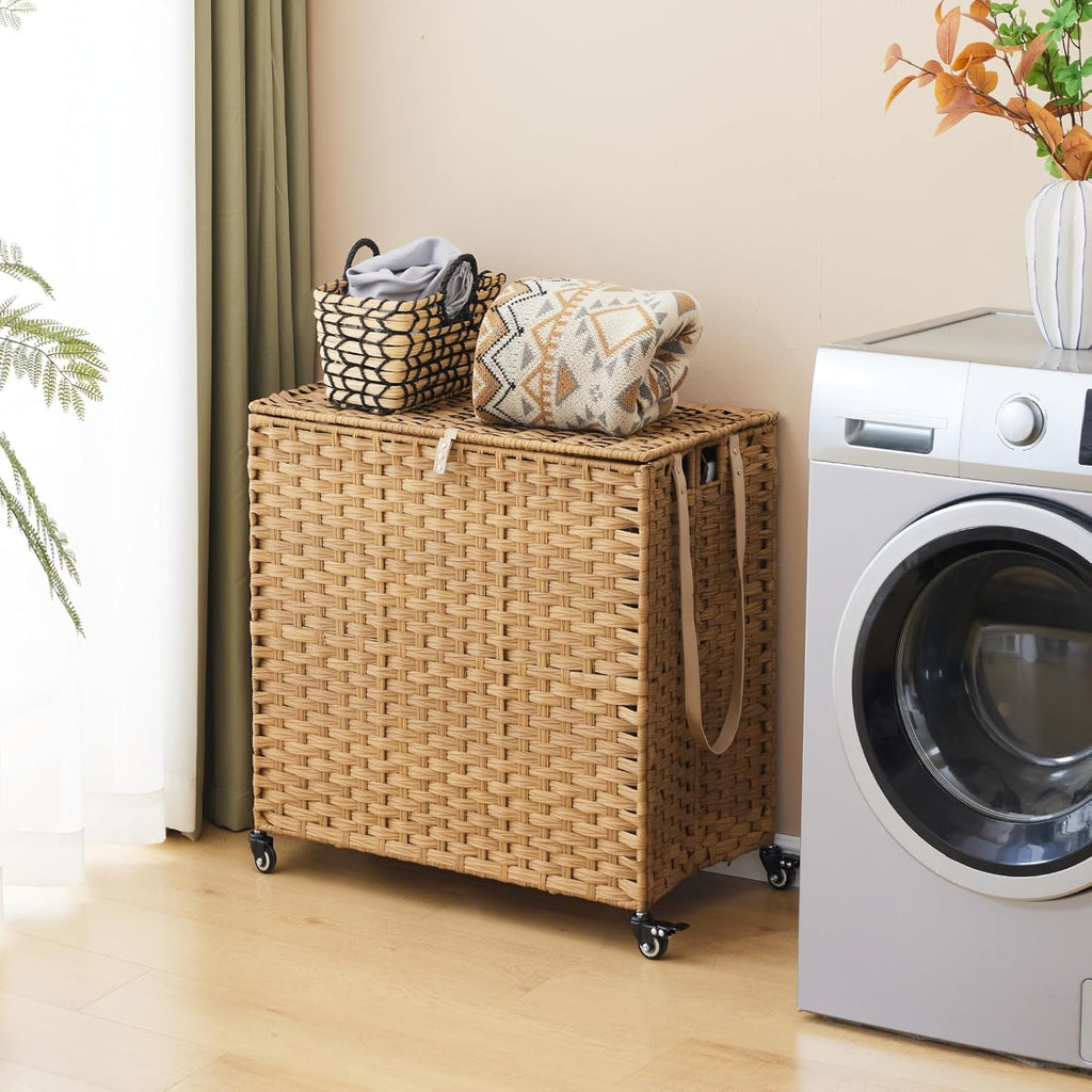 Laundry Hamper with Wheels, 39.6 Gallon(150L) Rolling Laundry Basket with Lid, 3-Section Rattan Clothes Hamper with 3 Removable Liner & 3 Mesh Bags, Laundry Sorter with Side Pocket, Natural