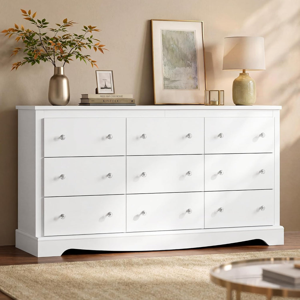 WLIVE 63" Dresser for Bedroom, Modern 9 Drawer Dresser with Exclusive Anti-Tip Structure, Large Wooden Chest of Drawers with Metal Handles for Living Room, Hallway, Closet, Home Furniture, White