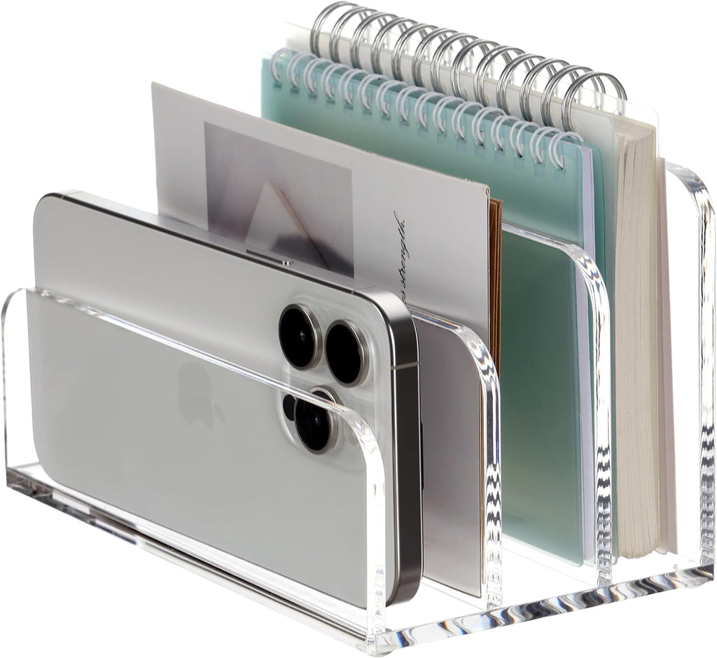 SANRUI Acrylic Mail File Organizer Sorters for Desk, 3 Upright Compartments Laddered Clear Desktop Vertical Letter Holder, Multifunction Envelope Folder Racks Holders for Office,Home, School