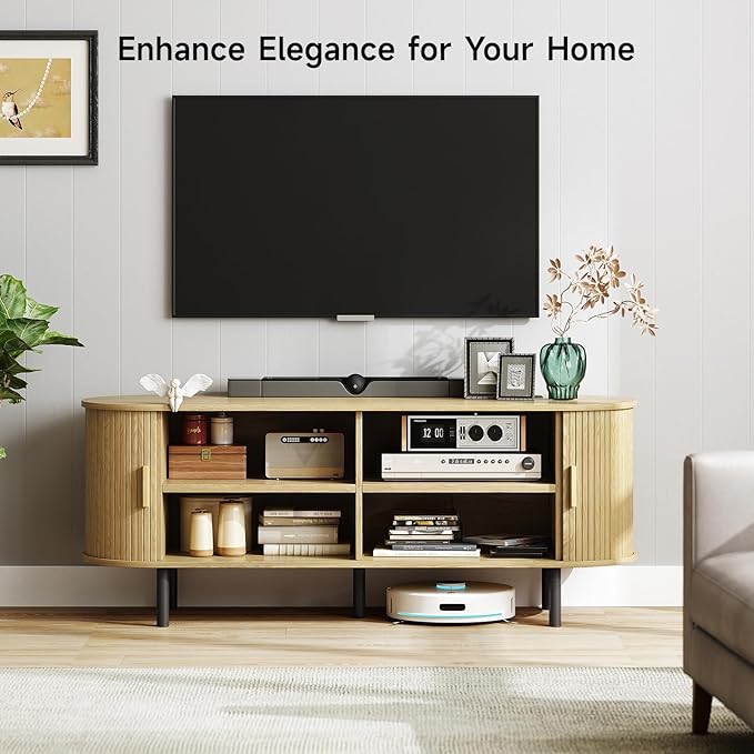ONBRILL 63" TV Stand with Power Outlet for TVs up to 70 Inch, Entertainment Center with Storage and Adjustable Shelves, Modern Media Console with Sliding Doors for Living Room, Oak