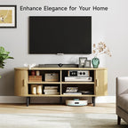 ONBRILL 63" TV Stand with Power Outlet for TVs up to 70 Inch, Entertainment Center with Storage and Adjustable Shelves, Modern Media Console with Sliding Doors for Living Room, Oak