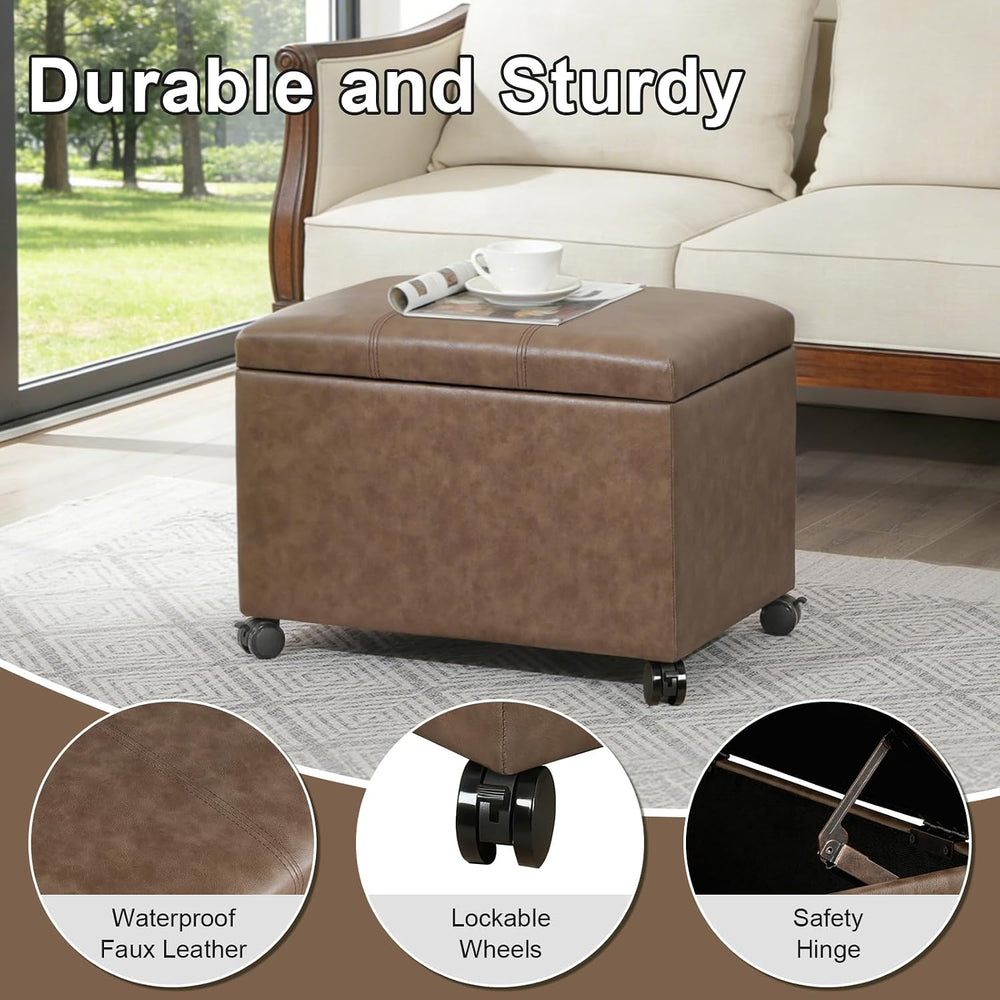 Asense 24-inch Rolling Storage Ottoman Bench, Upholstered Faux Leather Footre...