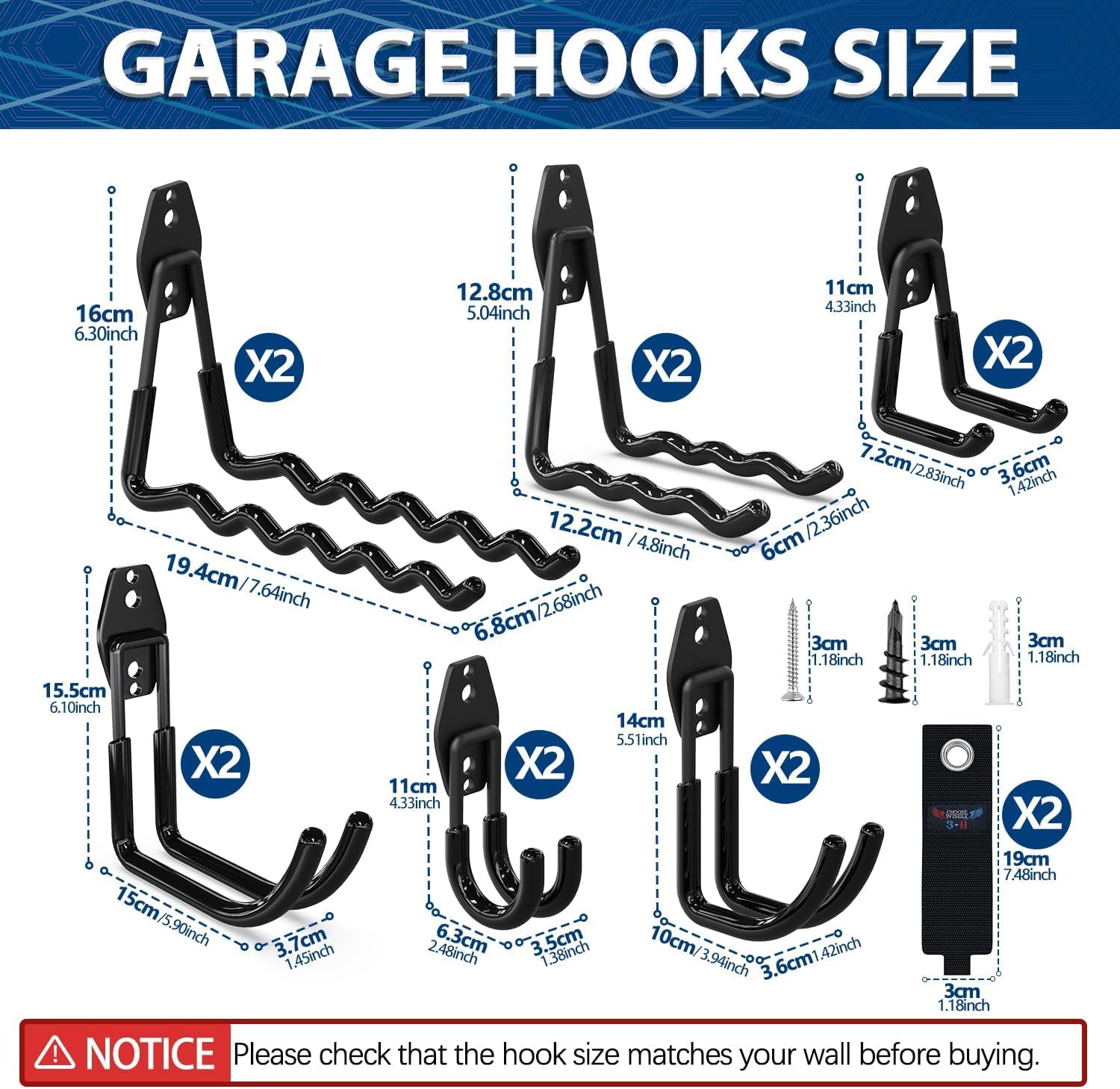 3-H Garage Wall Hooks 28 Pack, Garage Hooks Heavy Duty with Extra Welding Spots, Wall Mount Storage Organizer for Hanging Garden Lawn Tools, Ladder, Bike, WeedEater, Chair, Shovel, Blower (Black)