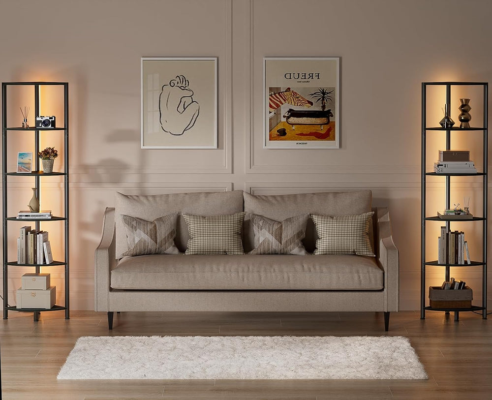 Furnulem 6 Tier Corner Shelf with LED Light, 67.5" Black Narrow Bookshel...