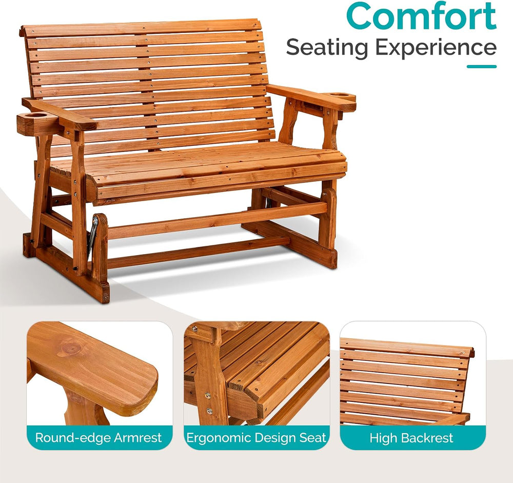 VINGLI Outdoor Glider Wood Patio Chair with Cup Holders, Outdoor Bench Glider...