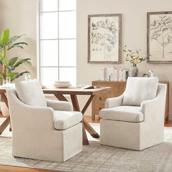 VKNOW Upholstered Dining Chairs, Modern Kitchen Chairs Dinner Chairs with 4 Casters, Chenille Armchair for Bedroom Reading Room Living Room, Beige