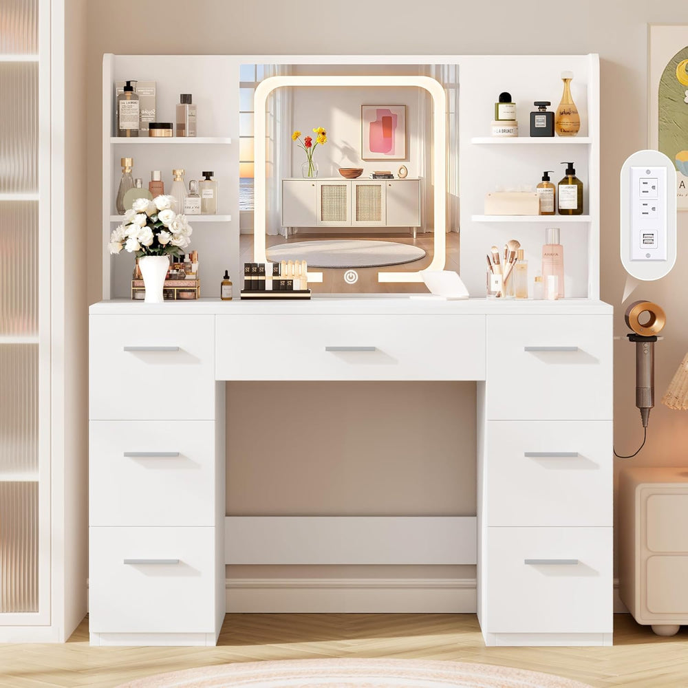 LIVELYGLOW 43" Large White Makeup Vanity Desk with Charging Station | Sm...