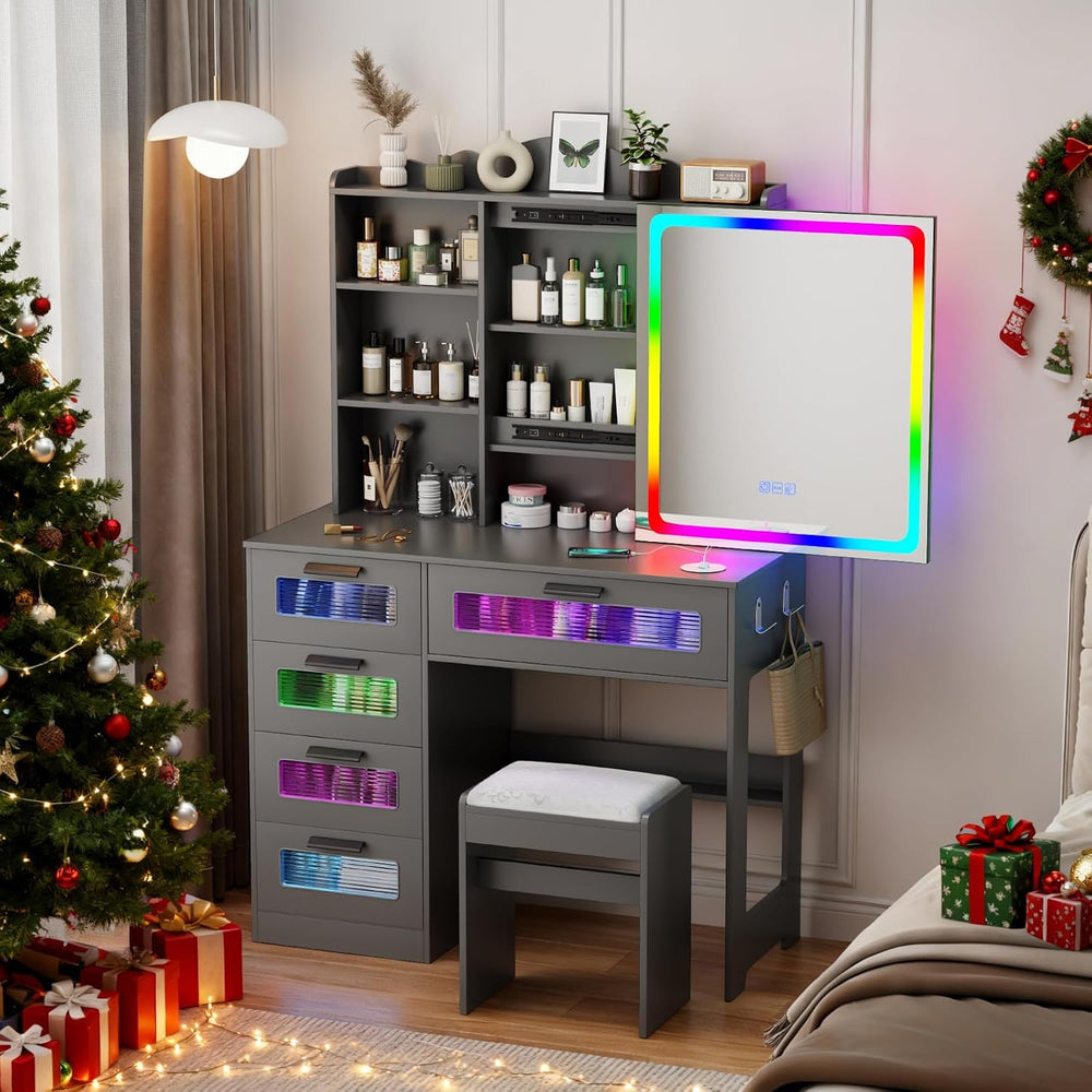 Gurexl RGB Vanity Desk with Sliding Mirror and Lights,Glass Top Makeup Vanity...