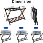 Luggage Rack, Foldable Suitcase Stand with Storage Shelf and 5 Heavy-Duty Straps, Bamboo Luggage Holders for Guest Room, Bedroom and Hotel - White