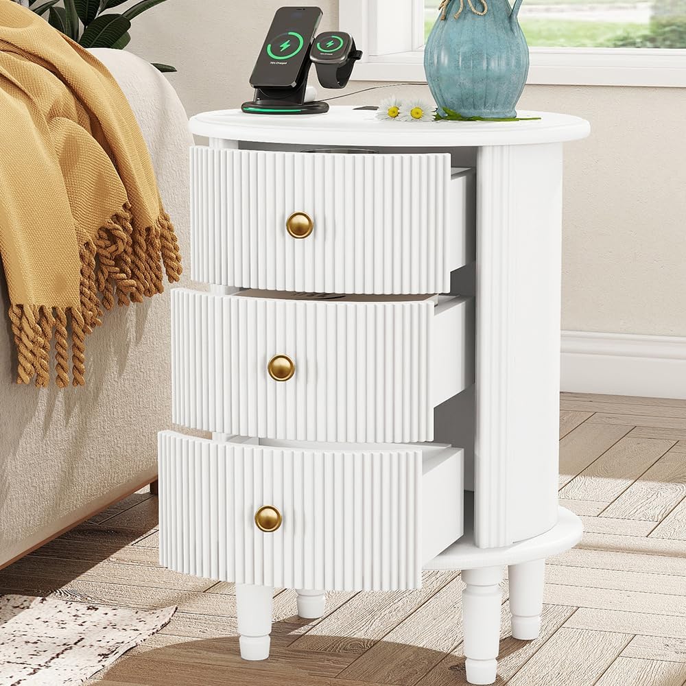 Mirightone Round End Table with Charging Station, Wood Side Table with Storag...