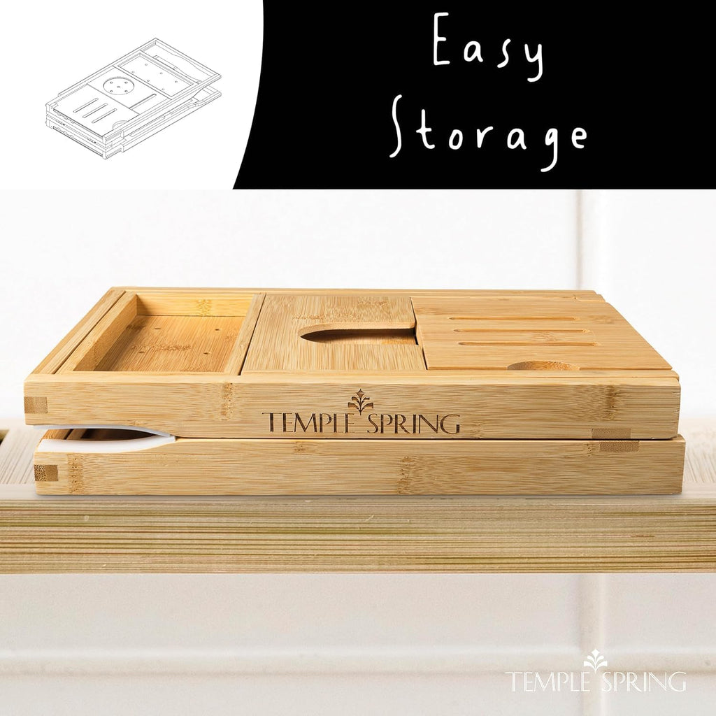 Temple Spring Foldable Bathtub Tray, Unique Design Selfcare Bathroom Caddy, Bamboo Spa Bathroom Tray, Wooden Bathtub Accessories, Wedding Gift/Birthday Gift/New Home Bath Table