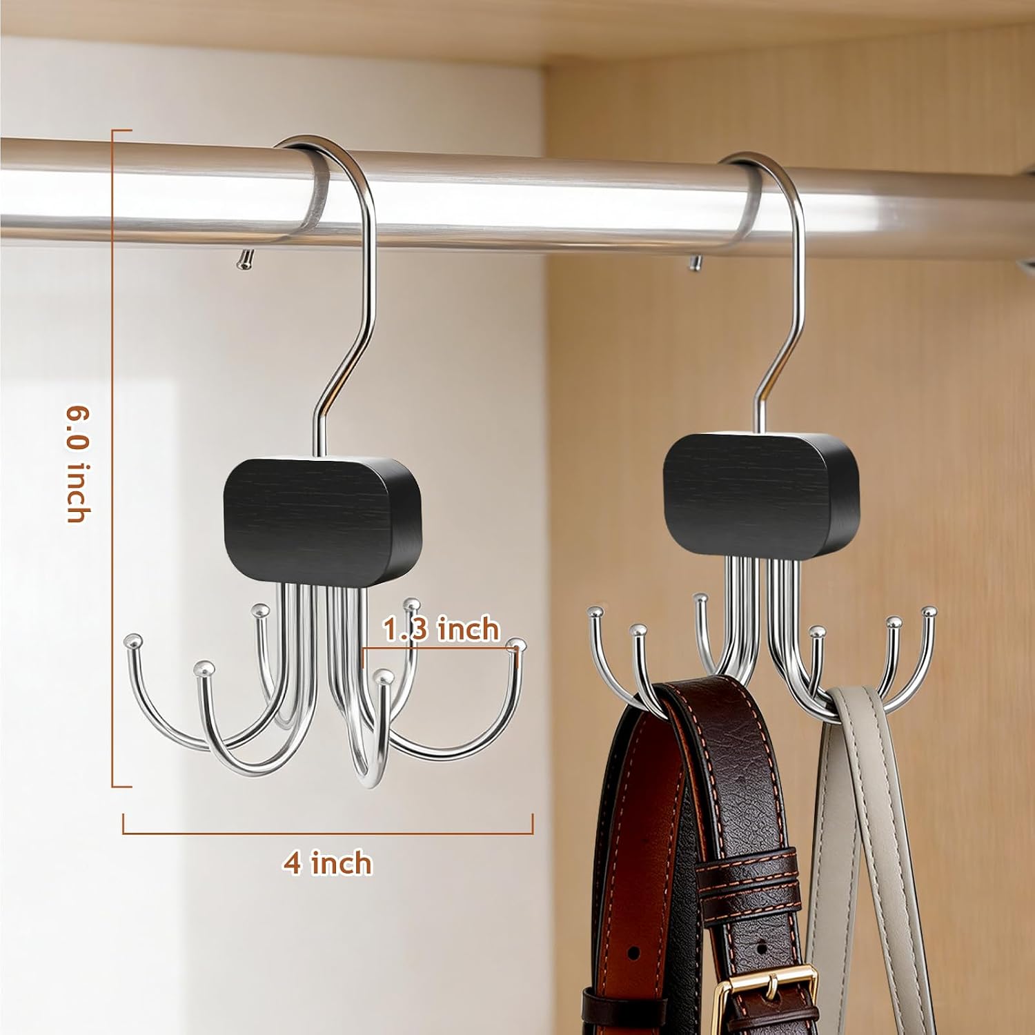 Belt Hanger for Closet, 3 Pack Belt Organizer for Closet Space Saving & Storage, 360° Rotatable & Foldable Hooks, Large Capacity Holder Rack for Tie, Tank Top, Bra, Purse, Hat (Black)