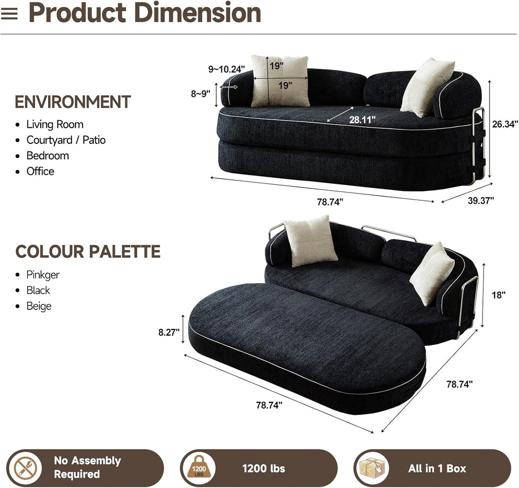 78" Sleeper Sofa Couch Bed Queen Size, 4-in-1 Pull Out Futon Couch, Black | No Assemble Foldable Corduroy Futon, Pull Out Couch 2 Pillows, Boneless Compressed Sofa for Living Room Small Spaces