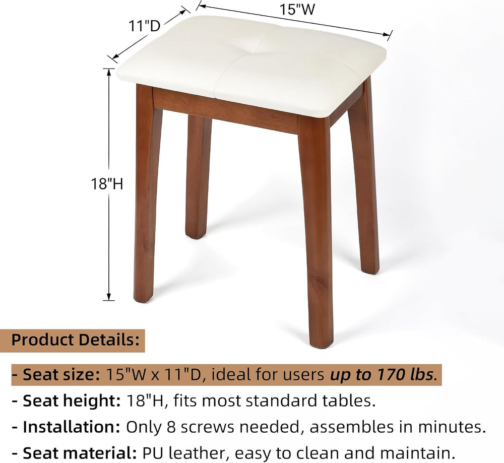 Solid Wood Vanity Stool with Cushion | 11"D x 15"W x 18" H - S...