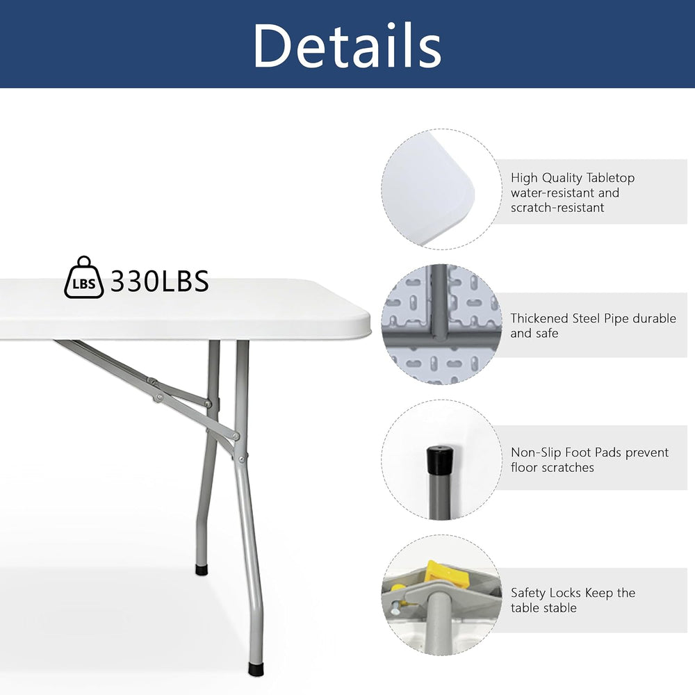 6ft Folding Table with Handle, Portable Plastic Table, White