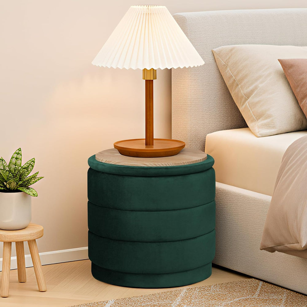15.4" Round Velvet Storage Ottoman with Reversible Lid, Upholstered Circ...