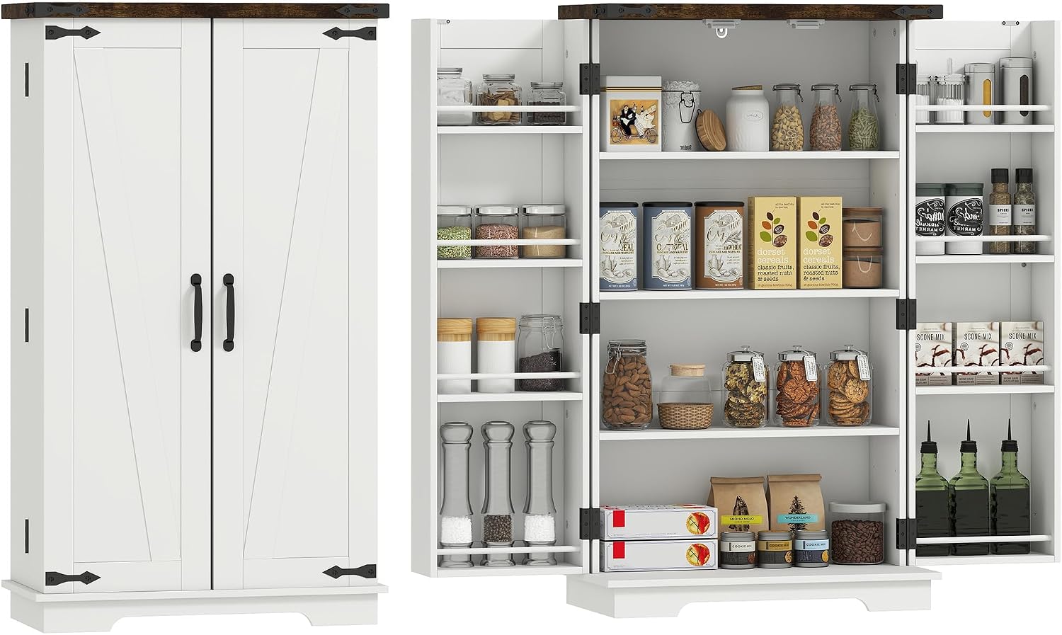HOMCOM 41" Kitchen Pantry Cabinet Farmhouse Storage Cabinet Doors White | Freestanding, 2 Adjustable Shelves, 8 Door Shelves
