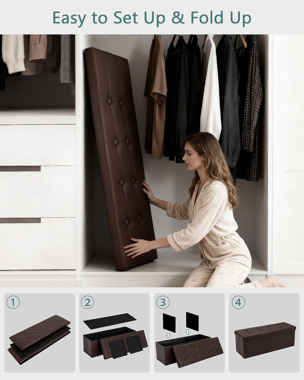 LITZFUR 43" Storage Ottoman Bench, Folding Faux Leather Chest, Brown | S...